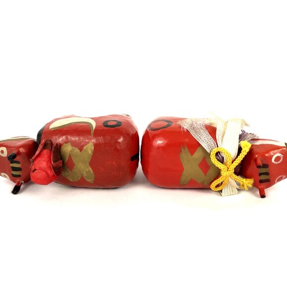 Japanese Red Cow Pair Vintage AKABEKO papier-mâché Lucky Charm Hand Made Folk - Picture 8 of 9